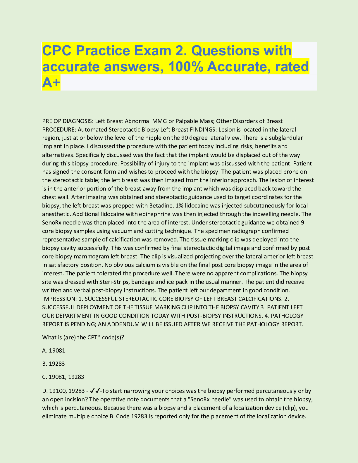 CPC Practice Exam 2. Questions and Answers, 100% Accurate, rated  A+